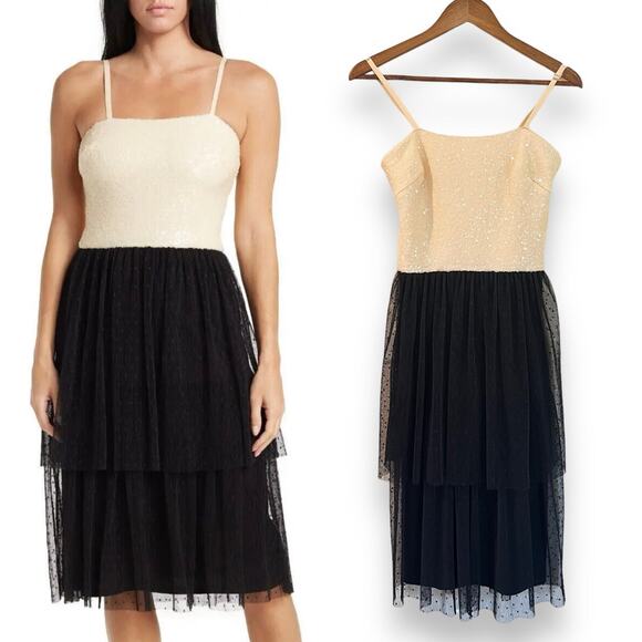 NWT Dress The Population Kady Dress Sz S Cream Sequin Black Tulle Tiered Party - Picture 1 of 11